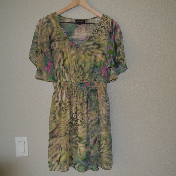 As U Wish Green/Tan/Pink Flutter Sleeve Dress Sz M - Picture 1 of 6